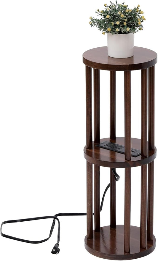 9 x25 Fully Assembled Walnut Wood Round Drink Table with Charging Station, Mid-Century Modern Circle Wood Accent Pedestal Table for Living Room or Small Bedroom Nightstand