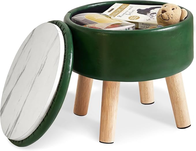 IBUYKE 13 Inch Foot Stool Ottoman with Storage, Round Small Foot Rest with Padded Seat and Wood Legs, PU Faux Leather Mini Footstool for Living Room Couch Bedroom Entryway, Dark-Green WBD023GR