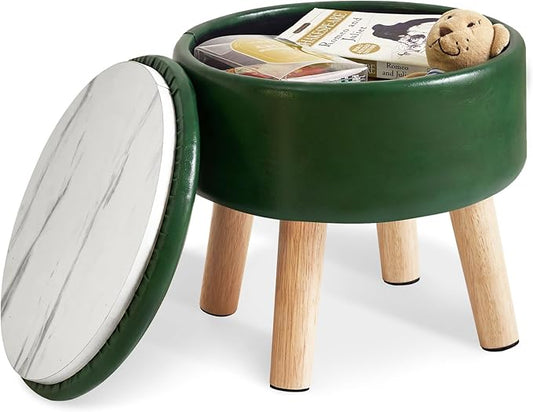 IBUYKE 13 Inch Foot Stool Ottoman with Storage, Round Small Foot Rest with Padded Seat and Wood Legs, PU Faux Leather Mini Footstool for Living Room Couch Bedroom Entryway, Dark-Green WBD023GR