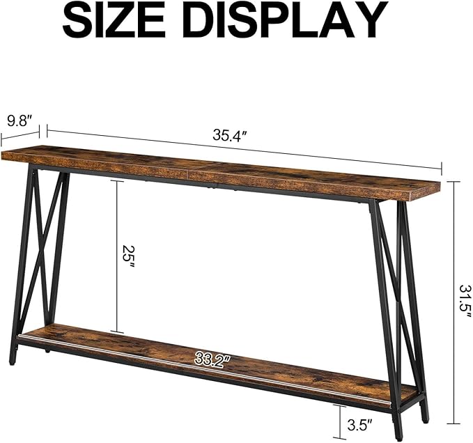 63" Solid Wood Entryway Table Narrow with Shelves, 2-Tier Storage Long Couch Table Behind Sofa Console Tables for Living Room, Entrance, Hallway, Foyer(Black,35.4"x9.8"x31.5")