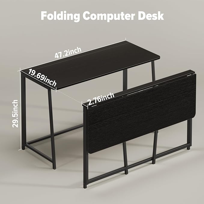 WOHOMO Folding Desk, 47.2" Foldable Computer Desk for Bedroom, Space Saving Computer Table Writing Workstation for Home Office, Easy Assembly, Black