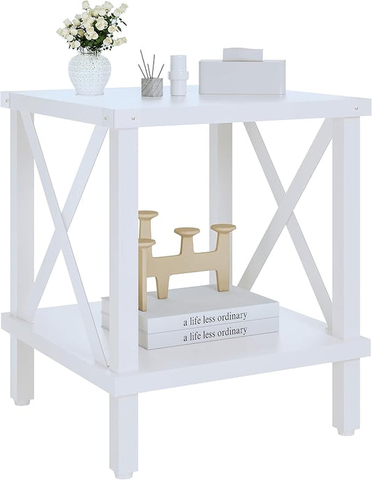Large End Table Farmhouse Side Table Industrial Style Sofa Table Metal X Accent Wood Coffee Table NightStand with Storage Shelf for Living Room Bedroom White MLBZ16W