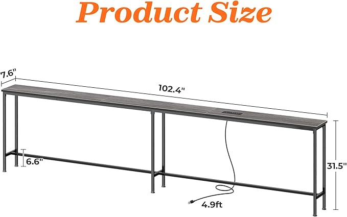 SUPERJARE 102.4 Inch Sofa Table with Power Outlets and USB-C Port, 5.9 Inch Narrow Console Tables, Entryway Hallway Couch Tables with Storage, Behind Sofa, Small Spaces, Living Room, Grey