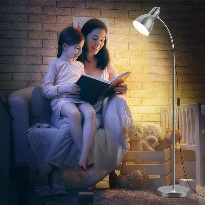 LEPOWER Floor Lamp, Metal Standing Lamp with Adjustable Gooseneck, Heavy Metal Base, Reading Pole Lamp for Office, Silver Floor Lamps for Bedroom, Living Room