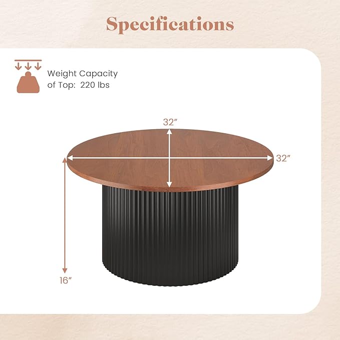 Giantex Round Coffee Table, 32" Wooden Accent Cocktail Tea Table with Solid Wood Veneered & Fluted Design, Mid Century Modern Center Table for Living Room, Black & Walnut