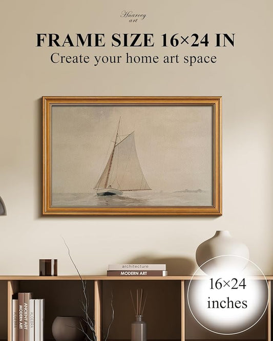 HUARCEY Gold Framed Vintage Wall Art for Living Room, Seaview Painting Prints Shelf Decor for Kitchen, Aesthetic Bedroom Large Wall Art, Gifts for Friends or Family (White Sailboat - 16"x24")