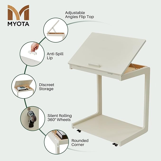 C Shaped Rolling End Table with Wheels - Solid Wood Side Table for Couch, Wooden Modern Tv Tray Bedside Tables for Sofa Armchair Living Room Bedroom, White, 15.4 in x 23.6 in x 24.8 in