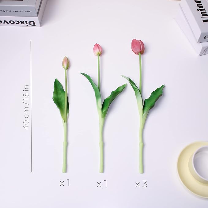 16-inch Premium Real Touch Fake Tulips, Artificial Flowers with Buds, Flexible Stem Easy to Shape, Faux Tulips (Vase not Included), 5-Pack Set of Tender Mauve
