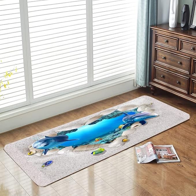 Bath Rugs Sponge Foam Absorbent Soft for Bathroom and Kitchen (71 x 24 inches), Flannel Mat Non Slip Bright 3D Print for Bedside and Living Room(Heart-Shaped Beach Dolphin)
