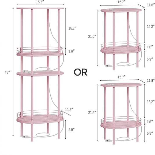 Small Round Side Table with Charging Station,Bedside Table with 2 USB Ports and Outlets, Morden Round Nightstand, Samll Side Table for Living Room,Bedroom, Nursery, Laundry, Pink