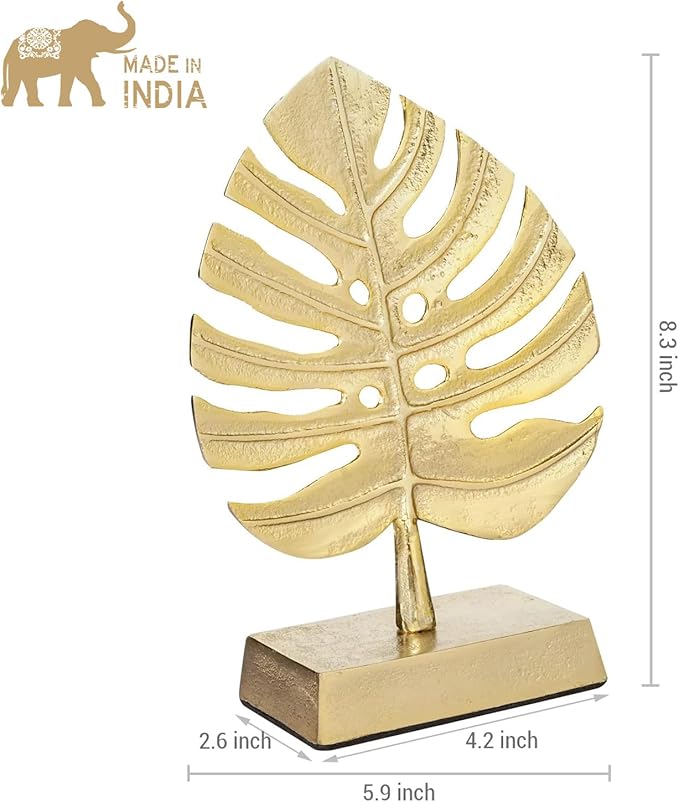 MyGift Brass Tone Metal Palm Leaf Modern Art Sculpture Decor, Monstera Plant Statue - Handcrafted in India