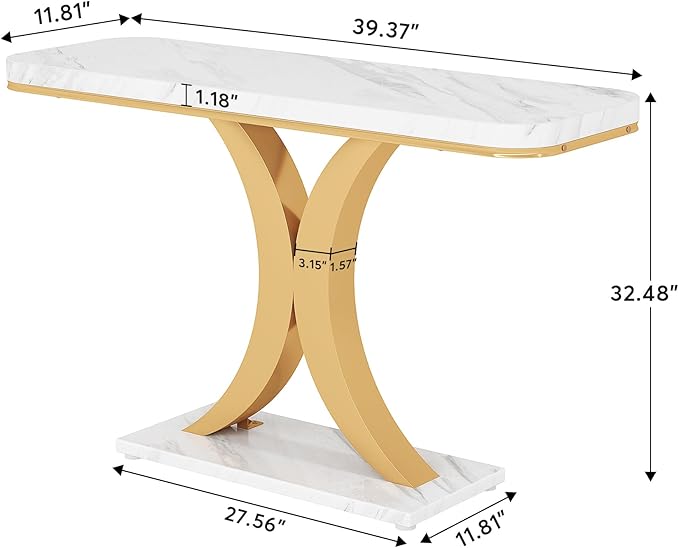 LITTLE TREE Narrow Entryway Console Table, Small, White+Gold