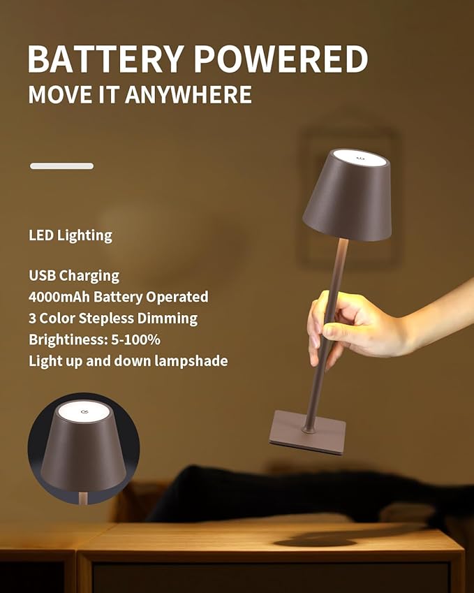 KDG 2 Pack Cordless Table Lamp,Portable LED Desk Lamp, 4000mAh Battery Operated, 3 Color Stepless Dimming Up, for Restaurant/Bedroom/Bars/Outdoor Party/Camping/Coffee Shop Night Light(Brown)
