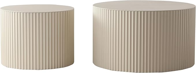 KEVINSPACE Nesting Coffee Table Set of 2 Circle CoffeeTable Modern NestingTables for Living Room Round Fluted Wooden CoffeeTabl No Need Assembly for Bedroom Balcony Lounge 33.86" Beige