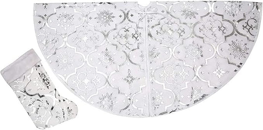 Flash World 36 Inch Large Christmas Tree Skirt Xmas Soft Cover Mat Decor Snowflake Collar Farmhouse Tree Skirt for Holiday Ornaments Party Home Indoor Decorations (White, 36INCH)