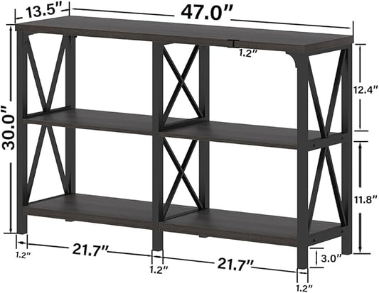 IBF Modern Entryway Table, Rustic Sofa Table Behind Couch, Industrial Metal Wood Console Table with Storage Shelves, 3 Tier Foyer Hallway Table for Entry Living Room Bedroom, Dark Gray Oak, 47 Inch