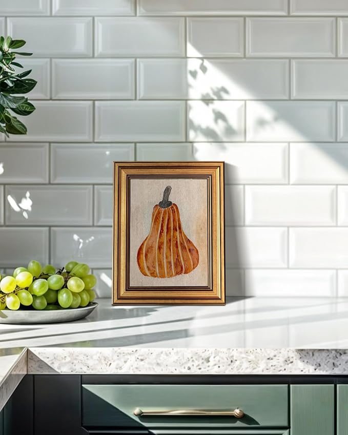 HUARCEY Gold Framed Vintage Wall Art for Living Room, Pumpkin Painting Prints Shelf Decor for Kitchen, Aesthetic Bedroom Wall Art, Autumn Gifts for Friends or Family - Japandi Pumpkin 10L x 8W