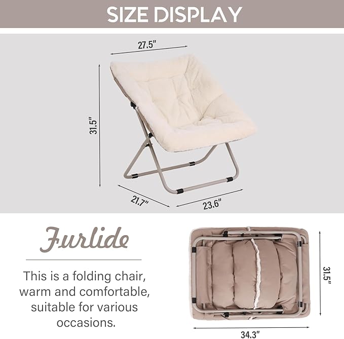 Saucer Chair, Comfy Bedroom Chairs, Oversized Folding Faux Fur Chair, Foldable Metal Frame Chair for Living Room, Balcony, Patio, Study, Playroom (Beige)
