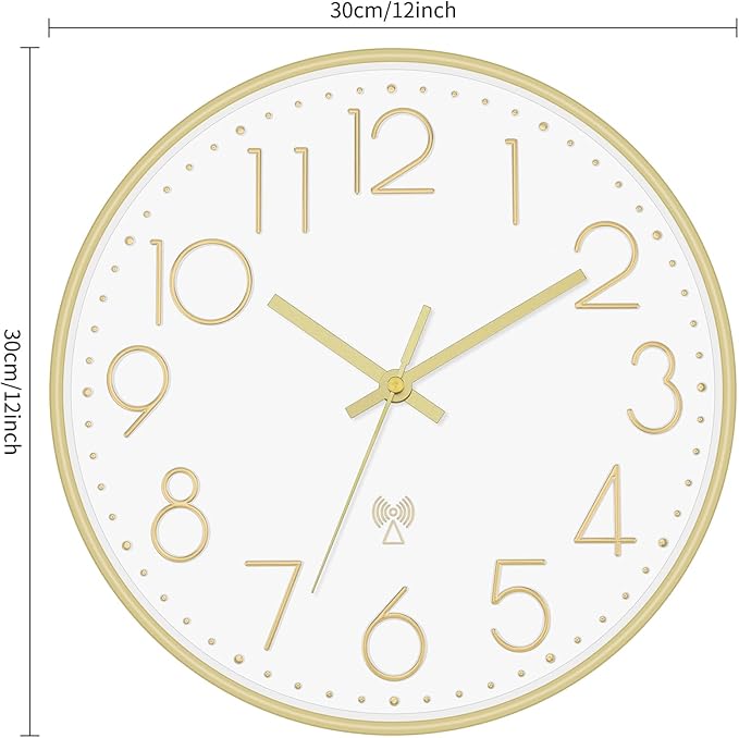 Foxtop Atomic Wall Clock Battery Operated Round Analog Modern Wall Clock Sets Automatically for Office Classroom Bedroom Kitchen Living Room (Gold)