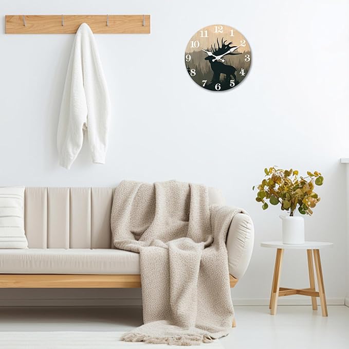 XFM Rustic Elk Deer Wall Clock 12 Inch Vintage Mountain Forest Wooden Clocks Silent Non-Ticking Battery Operated Decorative Round Clock for Cabin Kitchen Farmhouse Decor