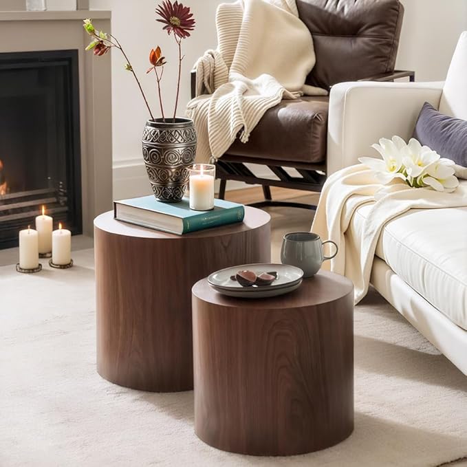 Nesting Coffee Table Set of 2, Modern Round Coffee Table with Non-Slip Feet, Walnut Wooden Circle Accent Tables for Small Spaces Living Room Bedroom Balcony Office Drum Side Table (Walnut)