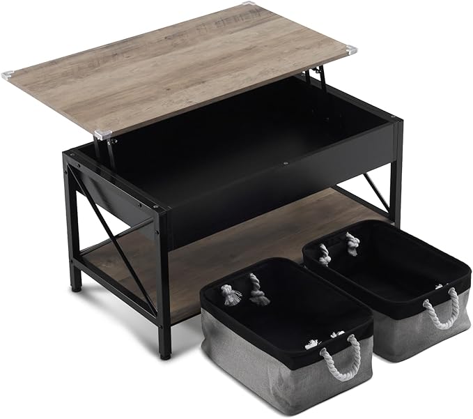 VINGLI 36" Lift Top Coffee Table with Free Cloth Storage Bins, Rustic Framhouse Grey Coffee Tables for Living Room, Small Modern Coffee Table for Small Space in Minimalistic Style, Gray