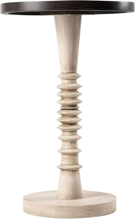 Pedestal Small Drinking Table, Farmhouse Tray Top End Table, Distressed Finish, Black Top on Aging White Frame