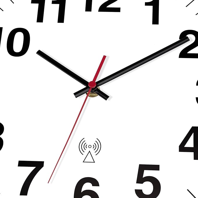 Foxtop Atomic Analog Wall Clock 12 Inch Battery Operated Round Modern Wall Clock Sets Automatically for Office Classroom Bedroom Kitchen Living Room (Black)