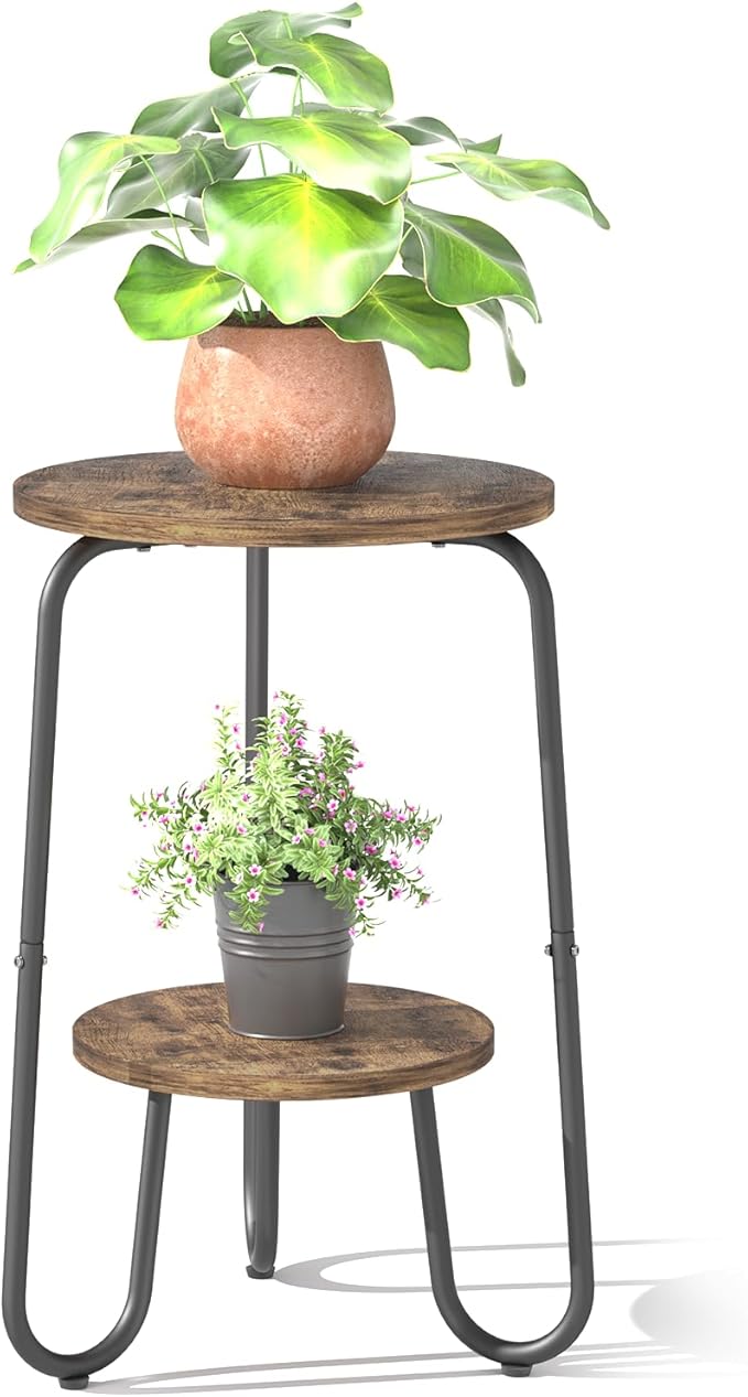 2 Tier Wood Plant Stand Indoor, Small Round Flower Pot Stand, 19.6" Tall Single Plant Holder for Living Room, Balcony, Rustic Brown End Side Table（Rustic Brown）