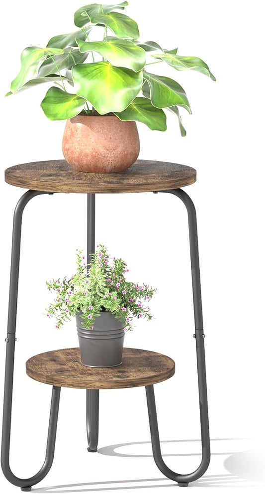 2 Tier Wood Plant Stand Indoor, Small Round Flower Pot Stand, 19.6" Tall Single Plant Holder for Living Room, Balcony, Rustic Brown End Side Table（Rustic Brown）