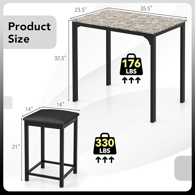 Giantex Dining Table Set for 2, Counter Height Bar Table with Faux Marble Pattern Tabletop, 2 Padded Bar Stools, Footrests, Metal Frame, Dinette Set for Kitchen Small Space Breakfast Nook Pub, Brown