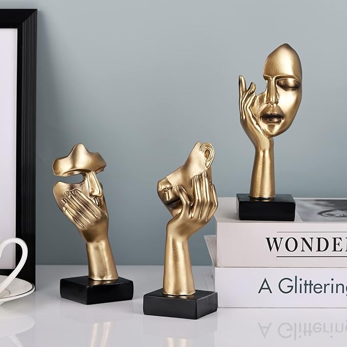 3 Pcs Thinker Small Statue Set - Black Gold Home Decor Abstract Art Figurines for Shelves, Living Room Coffee Table, Office Desktop (3 Pcs Gold, 6")