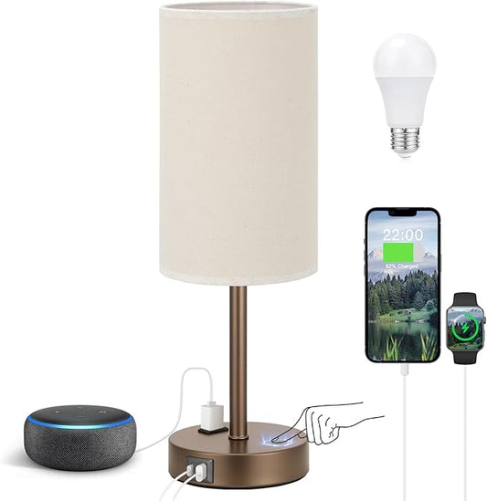 Fenmzee Touch Table Lamp - Beige, 3-Way Dimmable, USB A + C Charging, AC Outlet, 17.4inch Medium, Brown Metal Base