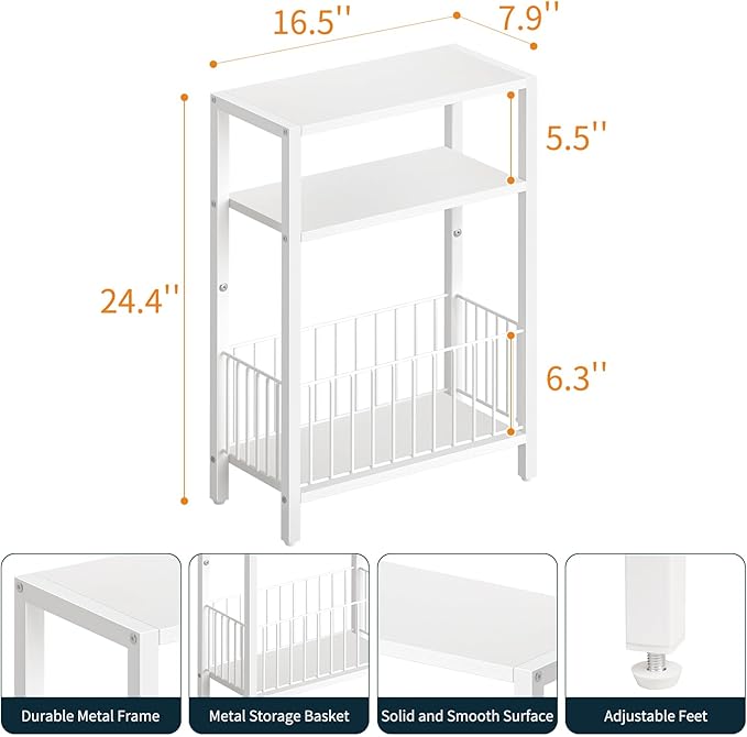 Yoobure Narrow Side Table with Storage Basket, Small End Table for Small Spaces, Skinny Side Tables Living Room Bedroom Office, Slim Nightstand 3 Tier Bedside Table Space-Saving for Magazine, White
