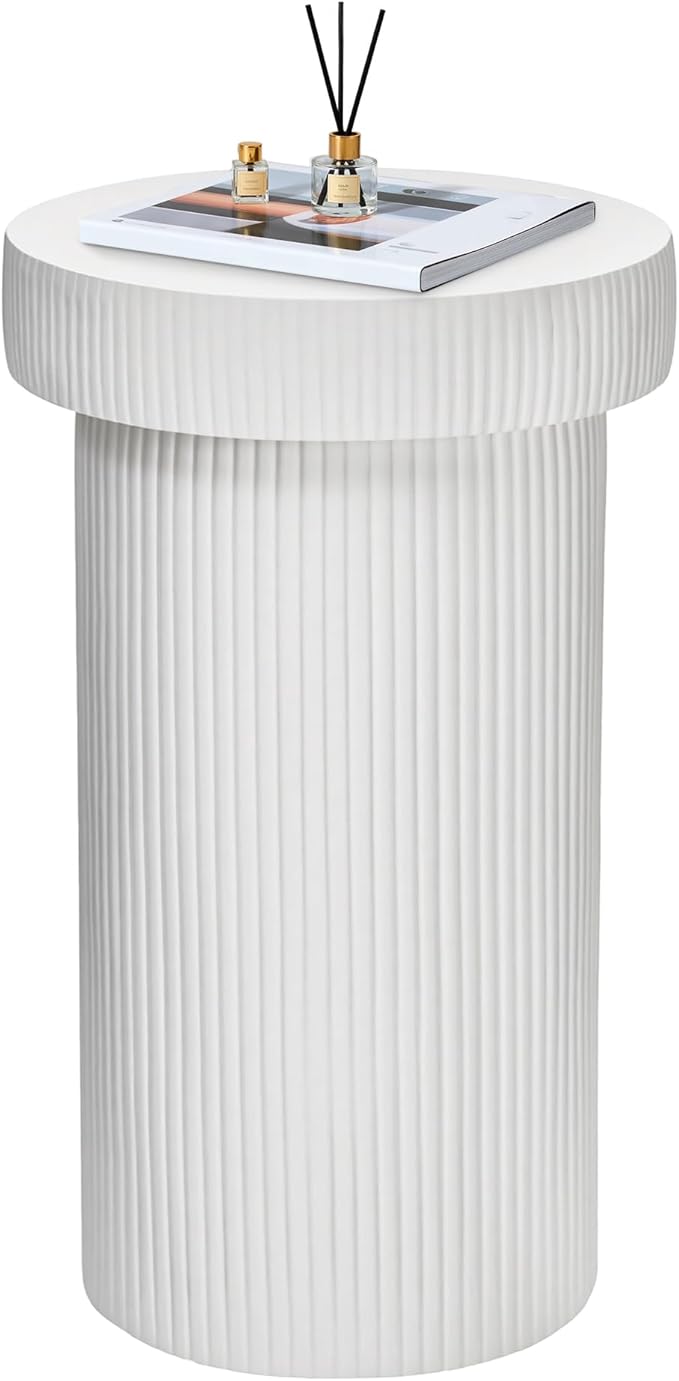 Side Table, 24" Pedestal End Table, 3-in-1 Durable Lightweight Round Coffee Table, Decorative Patio Accent Table Fluted Garden Stool Art Decor for Poolside, Balcony, Living Room,White