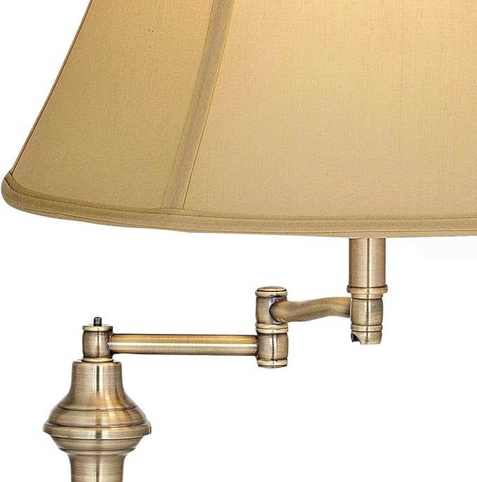 Regency Hill Montebello Traditional Adjustable Swing Arm Floor Lamp Standing 60" Tall Antique Brass Metal Column Golden Tan Bell Shade for Living Room Reading House Family Bedroom Home