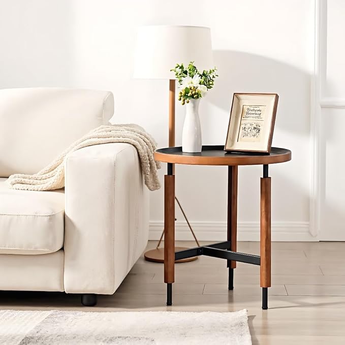 LukeAlon Modern Round Side Table for Living Room - Circle Wooden Table Top with Black Cross Legs Base, Rustic, Vintage, Easy Assembly, Black (19" D x 19" W x 21.5" H)