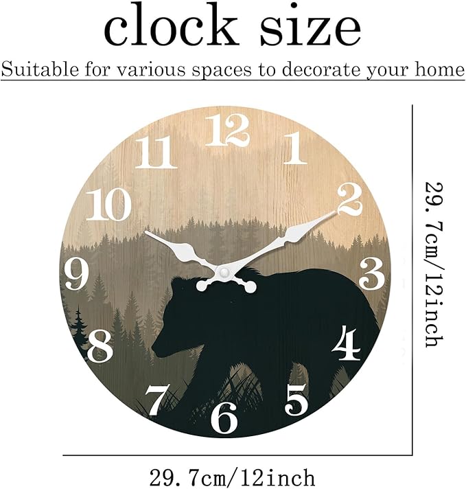 XFM Cabin Bear Wall Clock 12 Inch Silent Non Ticking Wooden Wall Clocks Battery Operated Forest Wildlife Mountain Lodge Round Clock Rustic Farmhouse Wall Clock