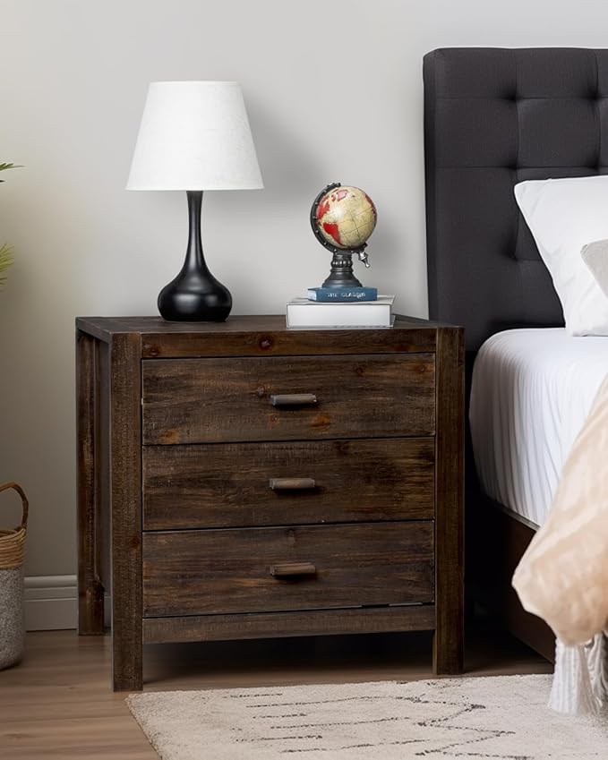 Karl home Nightstand with Charging Station, Farmhouse Nightstand for Bedroom, Pine Wood Night Stand with 3 Drawers, End Table Bedside Table with 2 USB Parts, Living Room, Entry Way, Brown