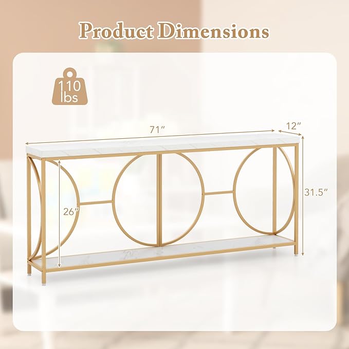 Giantex 71" Console Table, 2-Tier Extra-Long Gold Entryway Table w/Storage Shelf, Faux Marble Top, Narrow Sofa Table with Geometric Frame, Behind Couch Entry Table for Living Room, Hallway, Foyer