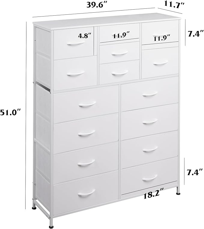 Tall Console Table with 15 Fabric Drawers, Entryway Table with Storage, Tall Storage Organizer with Wood Top, Steel Frame for Living Room, Hallway, Office, White