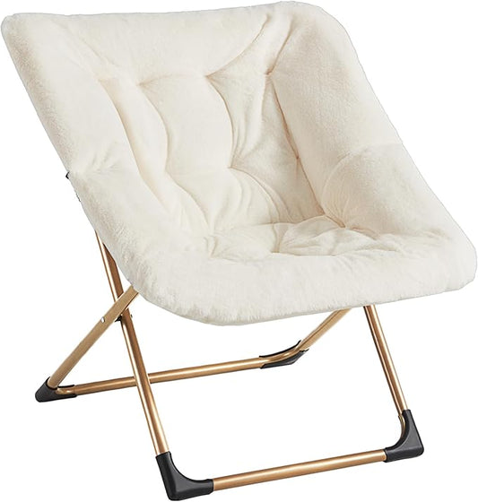 Comfy Oversized Saucer Chair, Soft Faux Fur Reading Lounge Chair for Adults, Stable X-Large Metal Frame and Non-Slip Pad, Foldable Cozy Chairs for Bedroom, Living Room, Dorm, Office, Beige