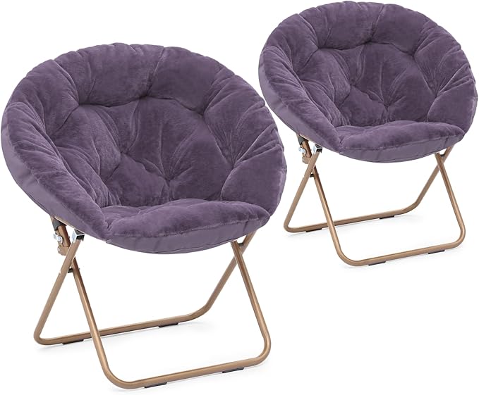 Athena Collection Comfy Saucer Chair Folding Cozy Chair for Bed Room Living Room Accent Chair Faux Fur Reading Chair Foldable Metal Frame Lazy Chair Moon Chair for Adult Set of 2, Purple