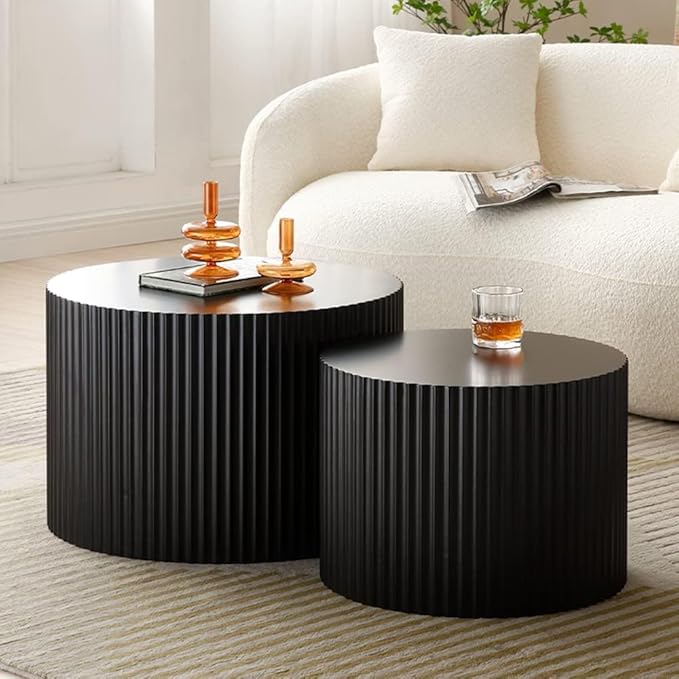 KEVINSPACE Coffee Table Nesting Tables Set of 2, Modern Round Coffee Table, Small Wooden Circle Accent Tables for Small Spaces Living Room Bedroom Balcony Drum Side Table No Need Assembly Black