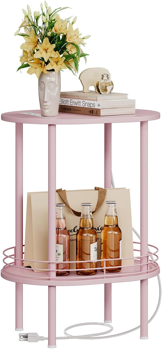 Small Round Side Table with Charging Station,Bedside Table with 2 USB Ports and Outlets, Morden Round Nightstand, Samll Side Table for Living Room,Bedroom, Nursery, Laundry, Pink