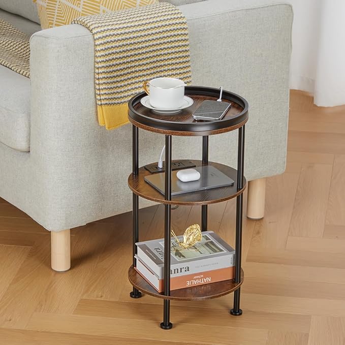 Small Round Side Table with Charging Station for Small Spaces, 3-Tier Round Accent Table with USB Ports & Power Outlets, Corner Table Sofa End Table for Living Room Bedroom (USB Charger, Rustic Brown)