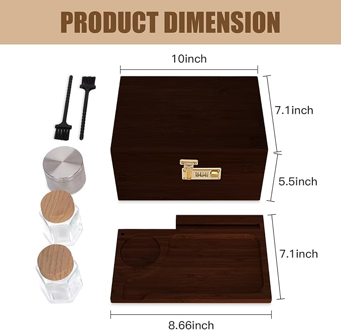 Large bamboo box, locked storage decorative box with combination lock, wooden lock box with lid, wooden locked storage box with removable tray and jars (Brown)