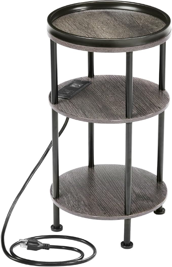 Small Round Side Table with Charging Station for Small Spaces, 3-Tier Accent Table with USB Ports & Power Outlets, Sofa Corner Tea Table for Living Room Nightstand Bedroom Apartment (Grey)