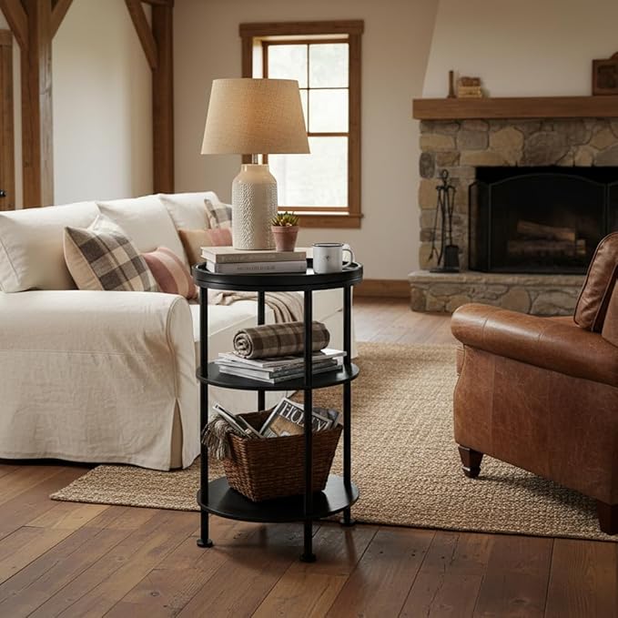 Small Round Side Table with Tray Top, 3-Tier Black End Table for Living Room & Bedroom, Modern Metal Nightstand with Storage Shelf, 11.8" Narrow Accent Table for Small Spaces, Balcony, Classic Black