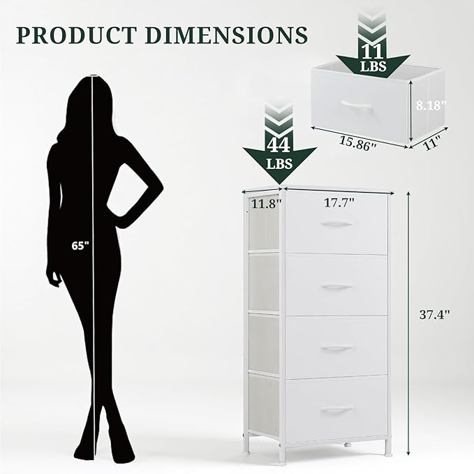 Nightstand, 4 Drawer Dresser End Table Bedside Furniture with Wooden Top Steel Frame Fabric Bins for Bedroom, Closet, Entryway, Dorm, Living Room, White